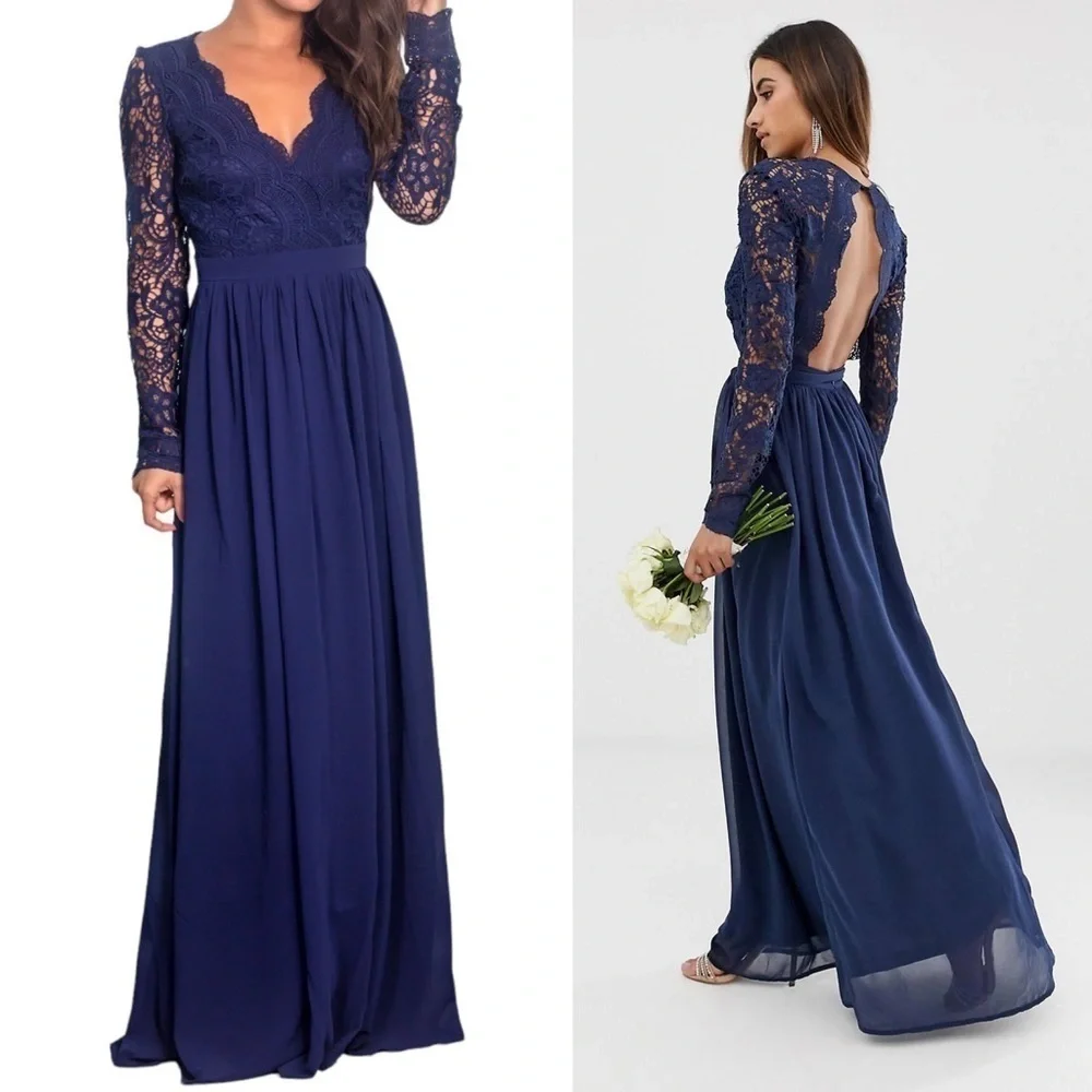 Club L London Beach Indigo Gown Sz 6 Lace Torso Long Sleeve